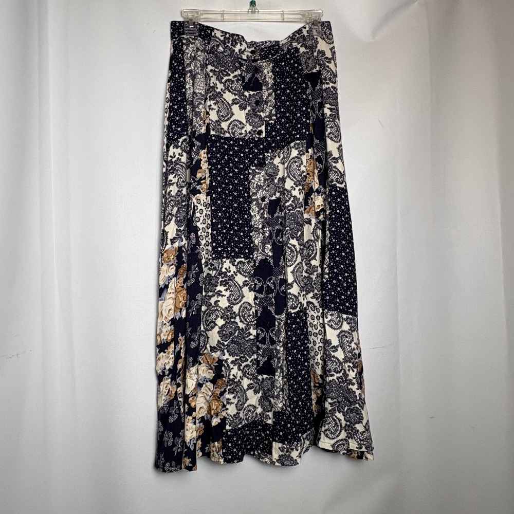 California Influence Vtg 90s‎ Patchwork Paisley Maxi Skirt Button Front 12 Boho